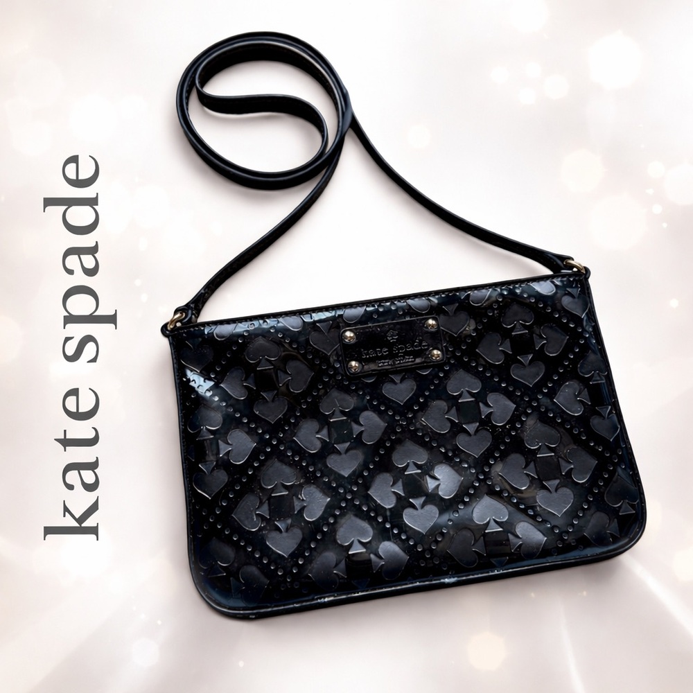 Kate Spade Black Patent Leather Heart Spade Embossed Crossbody Purse Bag